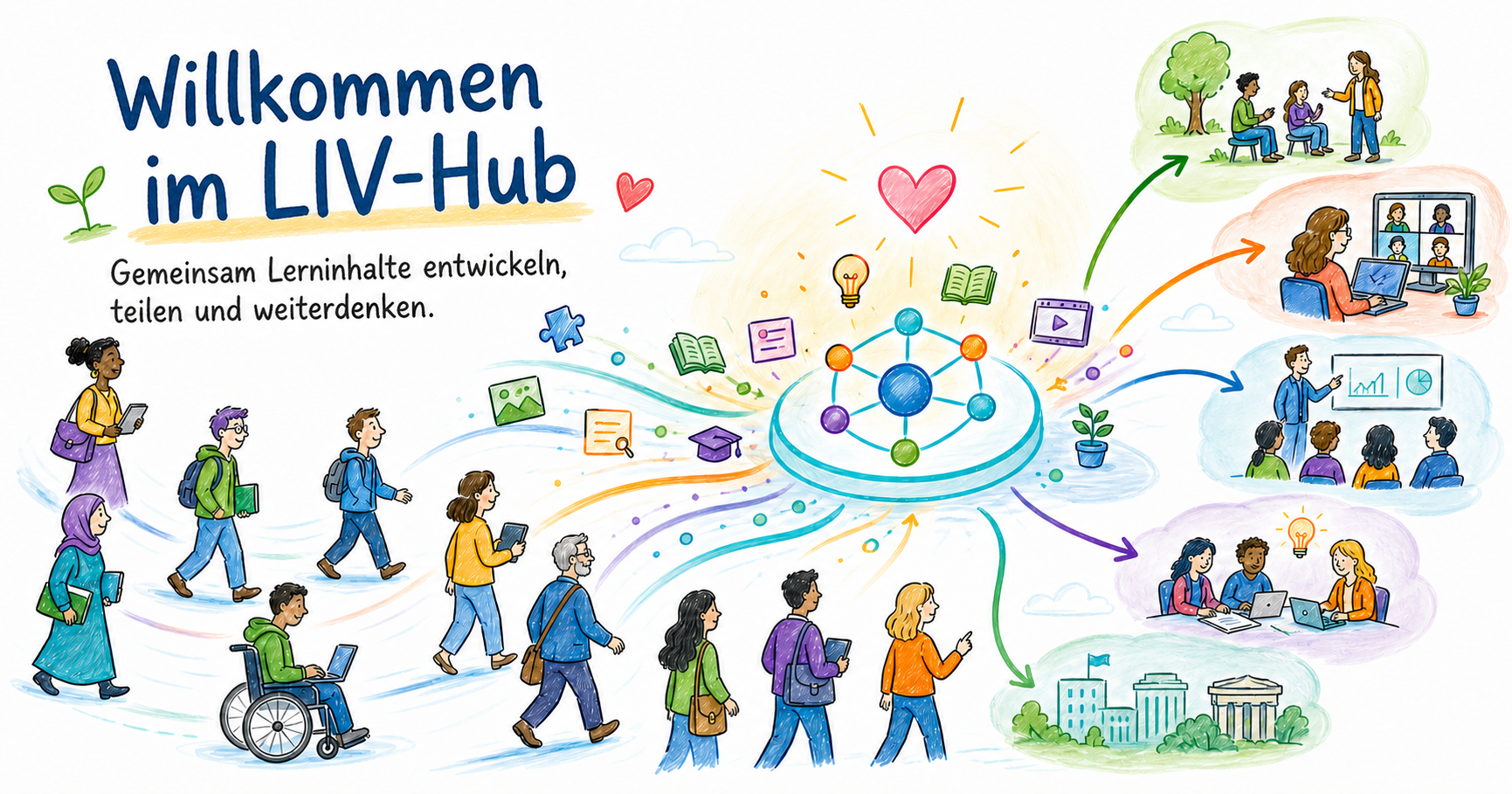 Menschen und Lerninhalte kommen im gemeinsamen LIV-Hub zusammen und werden von dort in Bildung, Zusammenarbeit und Forschung weitergetragen.